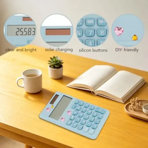Yritioa Blue Solar Calculator,Mini School Calculator for Students Office Accessories,Pocket Calculators Office Gadgets Supplies for Women Men,4-Function Stickers Calculator,Teacher Desk Must Haves - 3