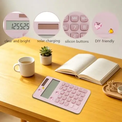 Yritioa Pink Calculator for School,Basic Solar Calculator with Stickers,Back to School Classroom Supplies,Cute 4 Function Calculators for Home Office Must Have,Stocking Stuffers for Teachers Students - 3