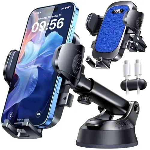[True Upgrade for Safety] YRU Car Phone Holder Mount [Patent & Military-Grade]Dashboard Cell Phone Holder for Car Vent Windshield Phone Stand for iPhone 17 16 15 14 13 Pro Max Truck Samsung, Dark Blue 