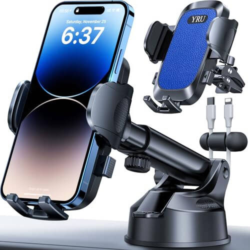 YRU [True Upgrade for Safety] Car Phone Holder Mount [Patent & Military-Grade] Dashboard Cell Phone Holder for Car Vent Windshield Phone Stand for iPhone 17 16 15 14 13 Pro Max Truck Samsung, Blue - 1