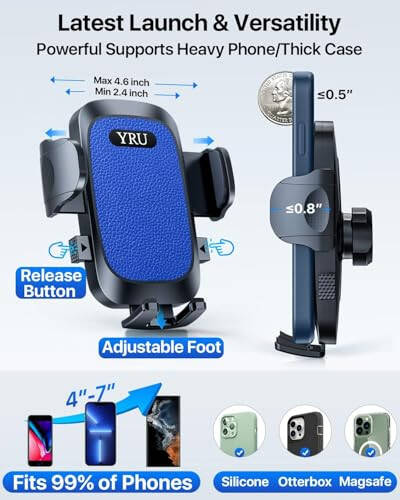 YRU [True Upgrade for Safety] Car Phone Holder Mount [Patent & Military-Grade] Dashboard Cell Phone Holder for Car Vent Windshield Phone Stand for iPhone 17 16 15 14 13 Pro Max Truck Samsung, Blue - 4