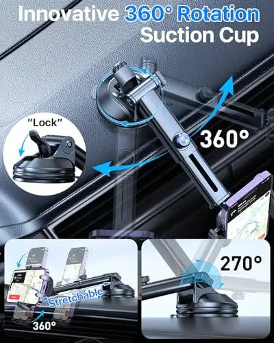 YRU [2024 Upgrade 80LBS Strong Suction] Car Phone Holder Mount, [Bumpy Road Stable] Dashboard Cell Phone Holder for Car Air Vent Windshield Phone Stand for iPhone 15 14 13 Pro Max Samsung Truck (Blue) - 5