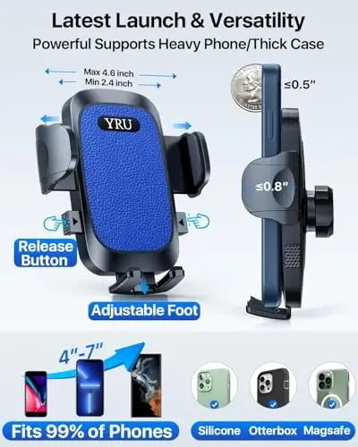 YRU [2024 Upgrade 80LBS Strong Suction] Car Phone Holder Mount, [Bumpy Road Stable] Dashboard Cell Phone Holder for Car Air Vent Windshield Phone Stand for iPhone 15 14 13 Pro Max Samsung Truck (Blue) - 4