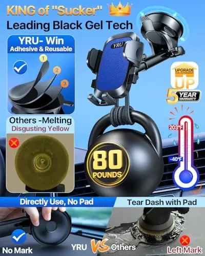 YRU [2024 Upgrade 80LBS Strong Suction] Car Phone Holder Mount, [Bumpy Road Stable] Dashboard Cell Phone Holder for Car Air Vent Windshield Phone Stand for iPhone 15 14 13 Pro Max Samsung Truck (Blue) - 5