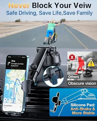 YRU [2024 Upgrade 80LBS Strong Suction] Car Phone Holder Mount, [Bumpy Road Stable] Dashboard Cell Phone Holder for Car Air Vent Windshield Phone Stand for iPhone 15 14 13 Pro Max Samsung Truck, Grey - 4