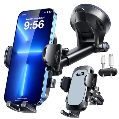 YRU [2024 Upgrade 80LBS Strong Suction] Car Phone Holder Mount, [Bumpy Road Stable] Dashboard Cell Phone Holder for Car Air Vent Windshield Phone Stand for iPhone 15 14 13 Pro Max Samsung Truck, Grey - 6