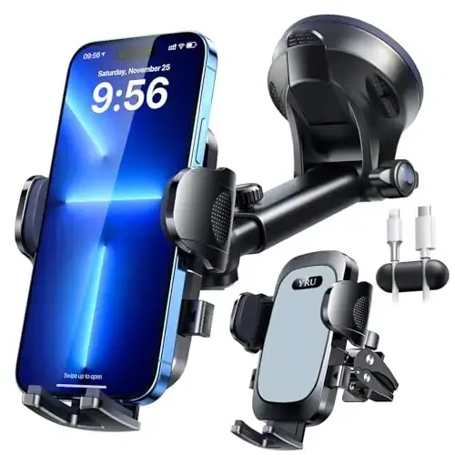 YRU [2024 Upgrade 80LBS Strong Suction] Car Phone Holder Mount, [Bumpy Road Stable] Dashboard Cell Phone Holder for Car Air Vent Windshield Phone Stand for iPhone 15 14 13 Pro Max Samsung Truck, Grey - 6
