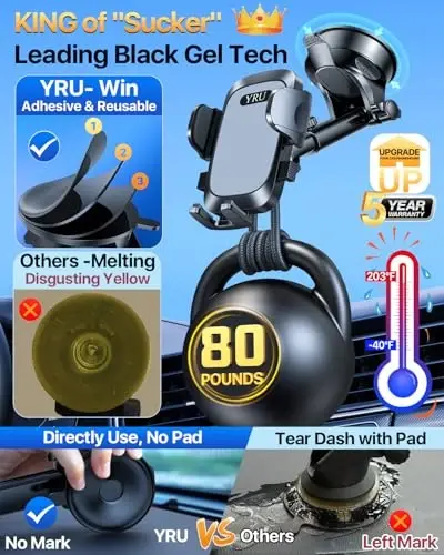 YRU True Military-Grade [360° Rotation Suction] 2025 Ultimate Car Phone Holder Mount 【90+LBS Safest Strongest & Patent Certs】 Dashboard Windshield Vent for iPhone 17 16 Pro Max Samsung, Dark Gray - 5