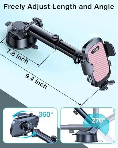 YRU True Military-Grade [360° Rotation Suction] 2025 Ultimate Car Phone Holder Mount 【90+LBS Safest Strongest & Patent Certs】 Dashboard Windshield Vent for iPhone 17 16 Pro Max Samsung, Pale Pink - 5
