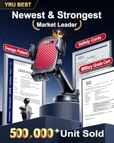 YRU True Military-Grade [360° Rotation Suction] 2025 Ultimate Car Phone Holder Mount 【90+LBS Safest Strongest & Patent Certs】 Dashboard Windshield Vent for iPhone 17 16 Pro Max Samsung, Red - 2