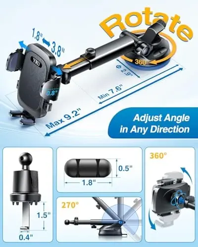 YRU True Military-Grade [360° Rotation Suction] 2025 Ultimate Car Phone Holder Mount 【90+LBS Safest Strongest & Patent Certs】 Dashboard Windshield Vent for iPhone 17 16 Pro Max Samsung, Jet Black - 5