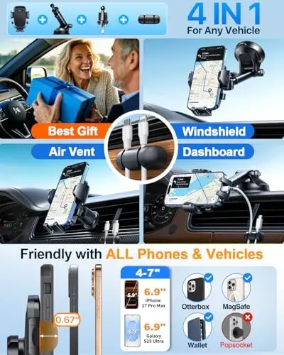 YRU True Military-Grade [360° Rotation Suction] 2025 Ultimate Car Phone Holder Mount 【90+LBS Safest Strongest & Patent Certs】 Dashboard Windshield Vent for iPhone 17 16 Pro Max Samsung, Jet Black 