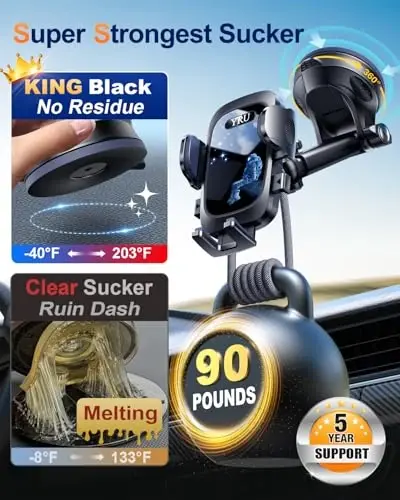 YRU True Military-Grade [360° Rotation Suction] 2026 Ultimate Car Phone Holder Mount 【90+LBS Safest Strongest & Patent Certs】 Dashboard Windshield Vent for iPhone 17 16 Pro Max Samsung,Blue Black - 3