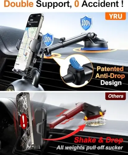 YRU True Military-Grade [360° Rotation Suction] 2026 Ultimate Car Phone Holder Mount 【90+LBS Safest Strongest & Patent Certs】 Dashboard Windshield Vent for iPhone 17 16 Pro Max Samsung,Blue Black - 4