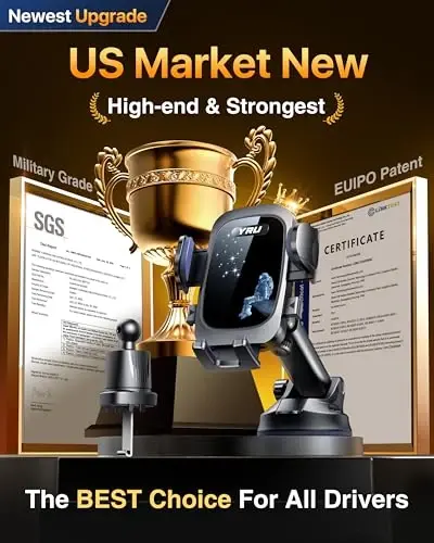 YRU Haqiqiy Harbiy Darajadagi [360° Aylanuvchi So'rg'ich] 2025 Ultimate Avtomobil Telefon Uskunasi [90+LBS Eng Xavfsiz Kuchli va Patent Sertifikatlari] iPhone 17 16 Pro Max Samsung, Moviy Qora uchun Panel Oynasi Shamollatgichi - 1