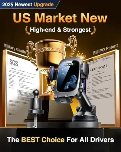 YRU Haqiqiy Harbiy Darajadagi [360° Aylanuvchi So'rg'ich] 2025 Ultimate Avtomobil Telefon Uskunasi [90+LBS Eng Xavfsiz Kuchli va Patent Sertifikatlari] iPhone 17 16 Pro Max Samsung, Moviy Qora uchun Panel Oynasi Shamollatgichi - 2