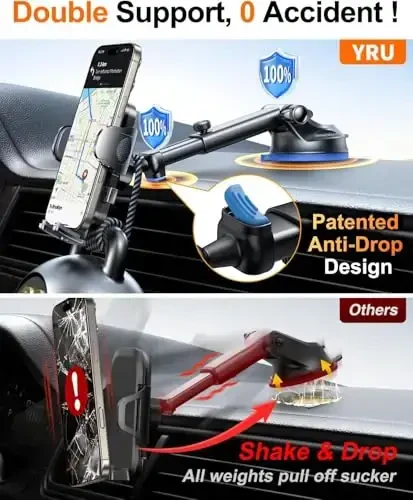 YRU Haqiqiy Harbiy Darajadagi [360° Aylanuvchi So'rg'ich] 2025 Ultimate Avtomobil Telefon Uskunasi [90+LBS Eng Xavfsiz Kuchli va Patent Sertifikatlari] iPhone 17 16 Pro Max Samsung, Moviy Qora uchun Panel Oynasi Shamollatgichi - 4