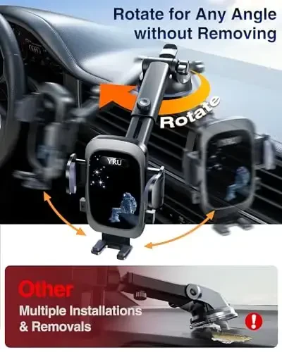 YRU Haqiqiy Harbiy Darajadagi [360° Aylanuvchi So'rg'ich] 2025 Ultimate Avtomobil Telefon Uskunasi [90+LBS Eng Xavfsiz Kuchli va Patent Sertifikatlari] iPhone 17 16 Pro Max Samsung, Moviy Qora uchun Panel Oynasi Shamollatgichi - 5