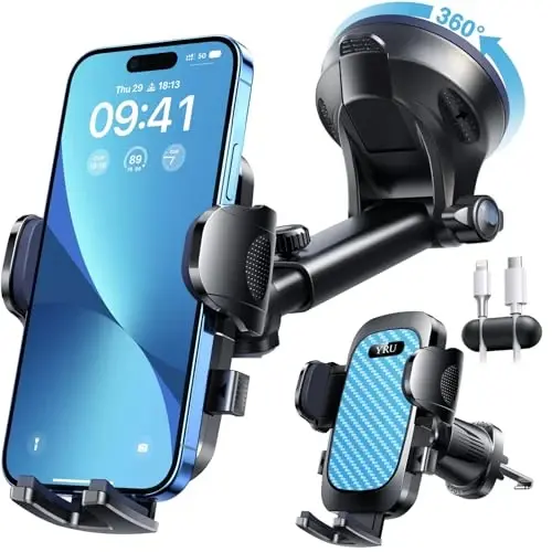 YRU Haqiqiy Harbiy Standartli [360° Aylanuvchi So'rg'ich] 2025 Yilgi Eng Zo'r Avtomobil Telefon O'rnatgichi 【90+LBS Eng Xavfsiz Kuchli & Patent Sertifikatlari】 iPhone 17 16 Pro Max Samsung uchun Dashbord Oyna Shamollatgichi, Royal Moviy - YRU (1)