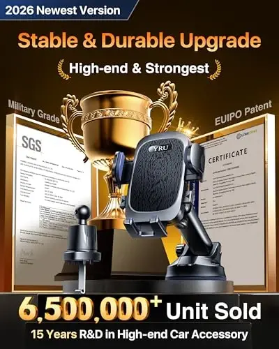 YRU True Military-Grade [360° Rotation Suction] 2025 Ultimate Car Phone Holder Mount 【90+LBS Safest Strongest & Patent Certs】 Dashboard Windshield Vent for iPhone 17 16 Pro Max Samsung, Jet Black - 2