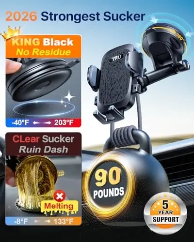 YRU True Military-Grade [360° Rotation Suction] 2025 Ultimate Car Phone Holder Mount 【90+LBS Safest Strongest & Patent Certs】 Dashboard Windshield Vent for iPhone 17 16 Pro Max Samsung, Jet Black - 2