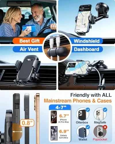 YRU True Military-Grade [360° Rotation Suction] 2025 Ultimate Car Phone Holder Mount 【90+LBS Safest Strongest & Patent Certs】 Dashboard Windshield Vent for iPhone 17 16 Pro Max Samsung, Jet Black - 4