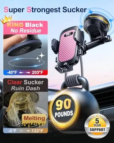 YRU True Military-Grade [360° Rotation Suction] 2025 Ultimate Car Phone Holder Mount 【90+LBS Safest Strongest & Patent Certs】 Dashboard Windshield Vent for iPhone 17 16 Pro Max Samsung, Pale Pink - 3