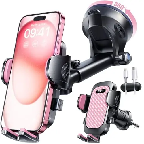 YRU True Military-Grade [360° Rotation Suction] 2025 Ultimate Car Phone Holder Mount 【90+LBS Safest Strongest & Patent Certs】 Dashboard Windshield Vent for iPhone 17 16 Pro Max Samsung, Pale Pink - 2