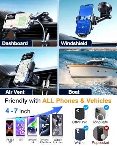 YRU True Military-Grade [360° Rotation Suction] 2025 Ultimate Car Phone Holder Mount 【90+LBS Safest Strongest & Patent Certs】 Dashboard Windshield Vent for iPhone 17 16 Pro Max Samsung, Pale Pink - 4