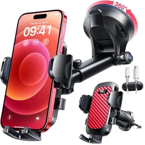YRU True Military-Grade [360° Rotation Suction] 2025 Ultimate Car Phone Holder Mount 【90+LBS Safest Strongest & Patent Certs】 Dashboard Windshield Vent for iPhone 17 16 Pro Max Samsung, Red - 1