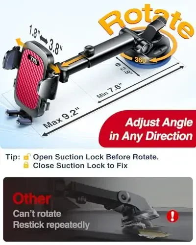 YRU True Military-Grade [360° Rotation Suction] 2025 Ultimate Car Phone Holder Mount 【90+LBS Safest Strongest & Patent Certs】 Dashboard Windshield Vent for iPhone 17 16 Pro Max Samsung, Red - 4