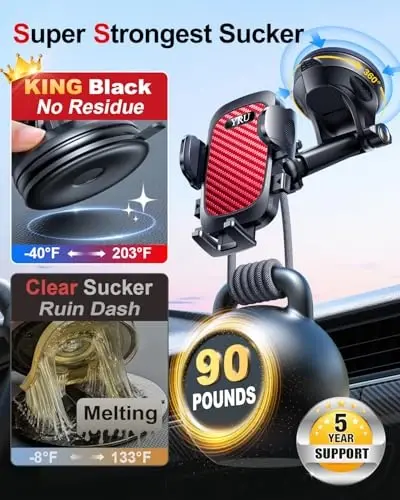 YRU True Military-Grade [360° Rotation Suction] 2025 Ultimate Car Phone Holder Mount 【90+LBS Safest Strongest & Patent Certs】 Dashboard Windshield Vent for iPhone 17 16 Pro Max Samsung, Red - 3