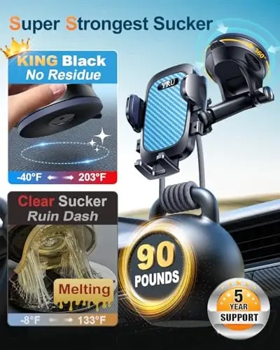 YRU True Military-Grade [360° Rotation Suction] 2025 Ultimate Car Phone Holder Mount 【90+LBS Safest Strongest & Patent Certs】 Dashboard Windshield Vent for iPhone 17 16 Pro Max Samsung, Royal Blue - 3
