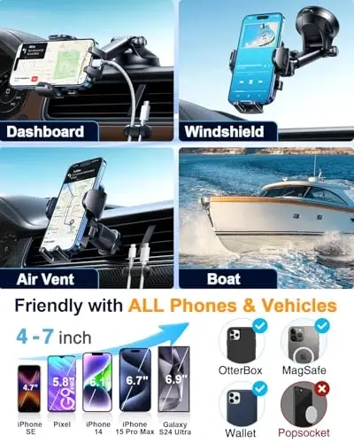 YRU True Military-Grade [360° Rotation Suction] 2025 Ultimate Car Phone Holder Mount 【90+LBS Safest Strongest & Patent Certs】 Dashboard Windshield Vent for iPhone 17 16 Pro Max Samsung, Royal Blue - 5