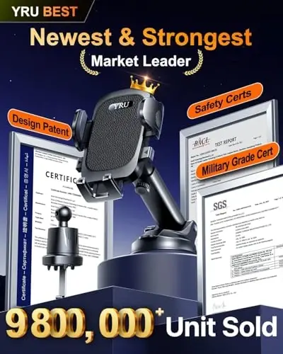 YRU True Military-Grade [360° Rotation Suction] 2026 Ultimate Car Phone Holder Mount 【90+LBS Safest Strongest & Patent Certs】 Dashboard Windshield Vent for iPhone 17 16 Pro Max Samsung - 3