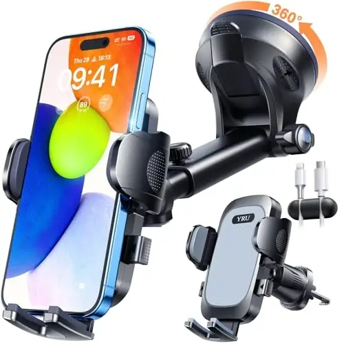 YRU True Military-Grade [360° Rotation Suction] 2026 Ultimate Car Phone Holder Mount 【90+LBS Safest Strongest & Patent Certs】 Dashboard Windshield Vent for iPhone 17 16 Pro Max Samsung, Light Gray - 1