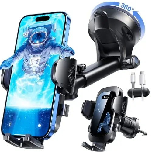 YRU True Military-Grade [360°Rotation Suction] 2025 Ultimate Car Phone Holder Mount[90+LBS Safest Strongest & Patent Certs] Dashboard Windshield Vent for iPhone 17 16 Pro Max Samsung,Blue Black - 2