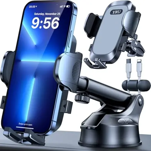 YRU [True Upgrade for Safety] Car Phone Holder Mount [Patent & Military-Grade] Dashboard Cell Phone Holder for Car Vent Windshield Phone Stand for iPhone 17 16 15 14 13 Pro Max Truck Samsung (Grey) - YRU