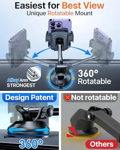 YRU True Upgrade for Safety Car Phone Holder Mount Patent & Military-Grade Dashboard Cell Phone Holder for Car Vent Windshield Phone Stand for iPhone 17 16 15 14 13 Pro Max Truck Samsung, Matte Black - 4