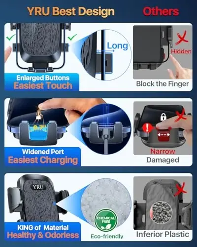 YRU True Upgrade for Safety Car Phone Holder Mount Patent & Military-Grade Dashboard Cell Phone Holder for Car Vent Windshield Phone Stand for iPhone 17 16 15 14 13 Pro Max Truck Samsung, Matte Black - 5