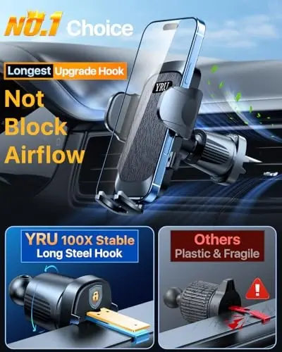 YRU True Upgrade for Safety Car Phone Holder Mount Patent & Military-Grade Dashboard Cell Phone Holder for Car Vent Windshield Phone Stand for iPhone 17 16 15 14 13 Pro Max Truck Samsung, Matte Black - 3