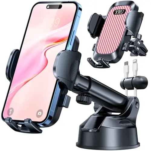 YRU [True Upgrade for Safety Car Phone Holder Mount [Patent & Military-Grade] Dashboard Cell Phone Holder for Car Vent Windshield Phone Stand for iPhone 17 16 15 14 13 Pro Max Truck Samsung, Pink - 1