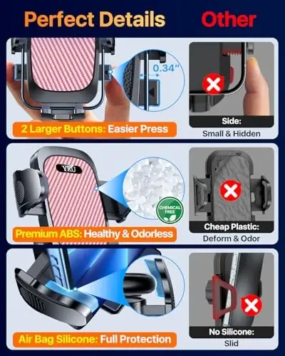 YRU [True Upgrade for Safety Car Phone Holder Mount [Patent & Military-Grade] Dashboard Cell Phone Holder for Car Vent Windshield Phone Stand for iPhone 17 16 15 14 13 Pro Max Truck Samsung, Pink - 5