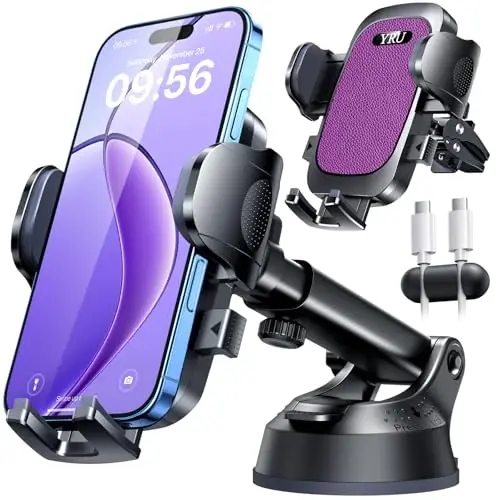 YRU [True Upgrade for Safety] Car Phone Holder Mount [Patent & Military-Grade] Dashboard Cell Phone Holder for Car Vent Windshield Phone Stand for iPhone 17 16 15 14 13 Pro Max Truck Samsung, Purple - 1