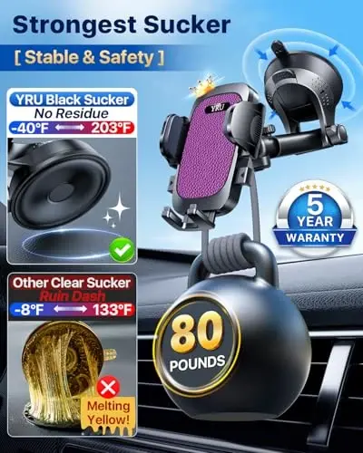 YRU [True Upgrade for Safety] Car Phone Holder Mount [Patent & Military-Grade] Dashboard Cell Phone Holder for Car Vent Windshield Phone Stand for iPhone 17 16 15 14 13 Pro Max Truck Samsung, Purple - YRU (1)