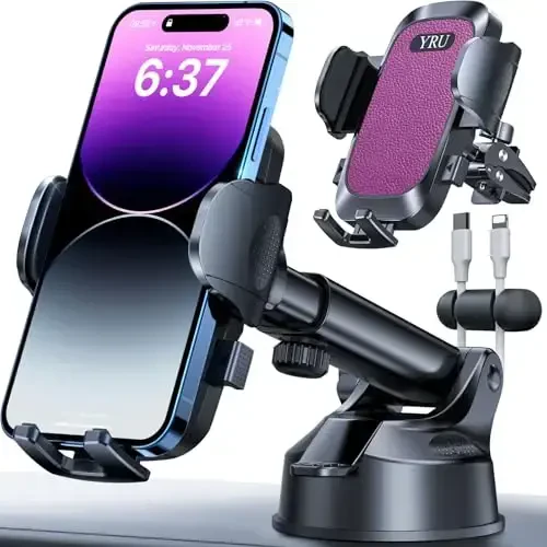YRU [True Upgrade for Safety] Car Phone Holder Mount [Patent & Military-Grade] Dashboard Cell Phone Holder for Car Vent Windshield Phone Stand for iPhone 17 16 15 14 13 Pro Max Truck Samsung, Purple - YRU