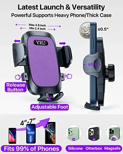YRU [True Upgrade for Safety] Car Phone Holder Mount [Patent & Military-Grade] Dashboard Cell Phone Holder for Car Vent Windshield Phone Stand for iPhone 17 16 15 14 13 Pro Max Truck Samsung, Purple - 3
