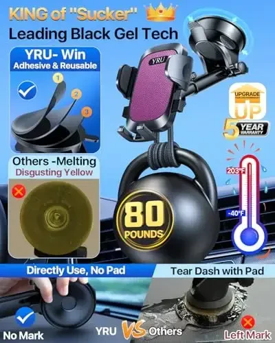 YRU [Xavfsizlik uchun haqiqiy yangilanish] Avtomobil telefon ushlagichi [Patent va harbiy daraja] Avtomobil shamollatish oynasi uchun asboblar paneli mobil telefon ushlagichi iPhone 17 16 15 14 13 Pro Max Truck Samsung, Binafsha uchun telefon stendi - YRU (1)