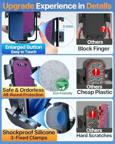 YRU [Xavfsizlik uchun haqiqiy yangilanish] Avtomobil telefon ushlagichi [Patent va harbiy daraja] Avtomobil shamollatish oynasi uchun asboblar paneli mobil telefon ushlagichi iPhone 17 16 15 14 13 Pro Max Truck Samsung, Binafsha uchun telefon stendi - 6