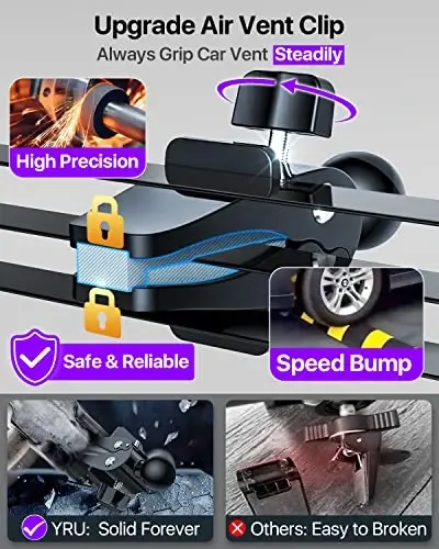 YRU [Xavfsizlik uchun haqiqiy yangilanish] Avtomobil telefon ushlagichi [Patent va harbiy daraja] Avtomobil shamollatish oynasi uchun asboblar paneli mobil telefon ushlagichi iPhone 17 16 15 14 13 Pro Max Truck Samsung, Binafsha uchun telefon stendi - 5